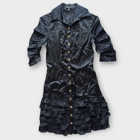 Black Satin Button Down Ruffle Dress – Size XS - Picture 2 of 4
